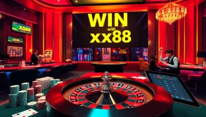 Experience thrilling wins at xx88 with a luxurious casino setting featuring roulette and poker action.