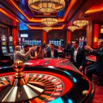 MM88 casino scene featuring poker tables, vibrant lights, and engaged players.