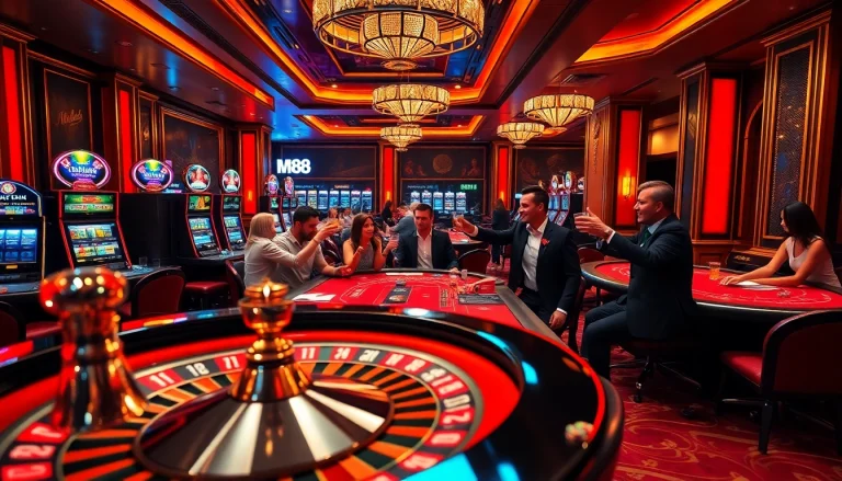 MM88 casino scene featuring poker tables, vibrant lights, and engaged players.