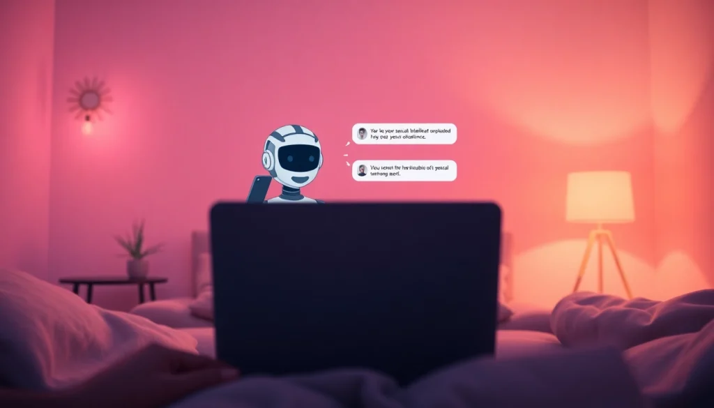 Engaging interaction with a sex AI chatbot in a cozy setting, promoting sexual wellness education.