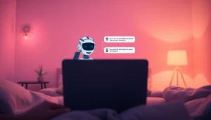 Engaging interaction with a sex AI chatbot in a cozy setting, promoting sexual wellness education.