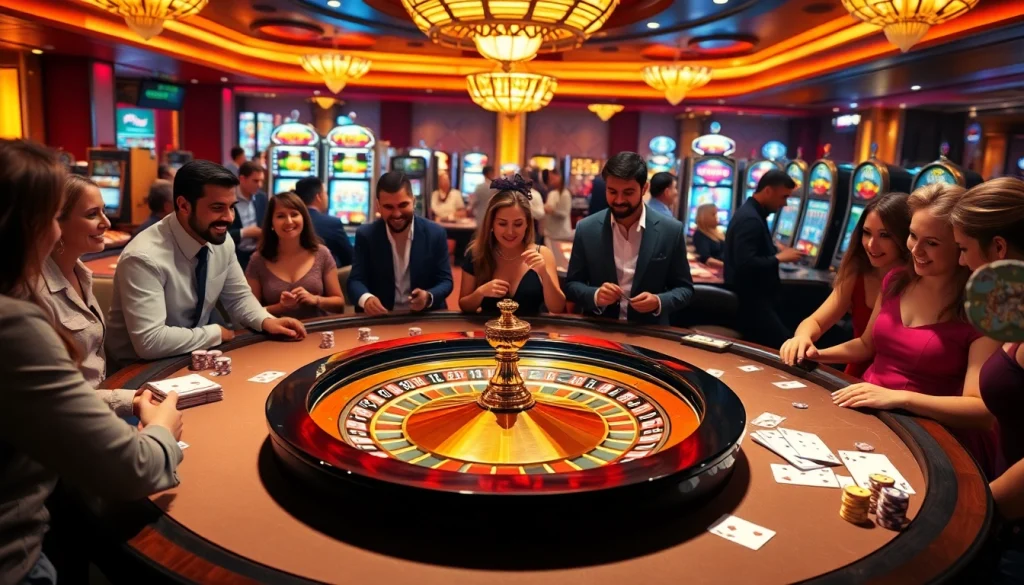 A lively casino scene showcasing Win55 with an inviting roulette wheel and engaged players.