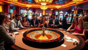 A lively casino scene showcasing Win55 with an inviting roulette wheel and engaged players.