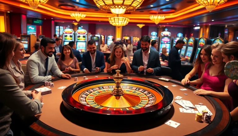 A lively casino scene showcasing Win55 with an inviting roulette wheel and engaged players.