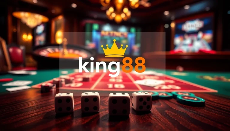 Playing cards and dice on a casino table highlighting king88 for a thrilling gaming experience.