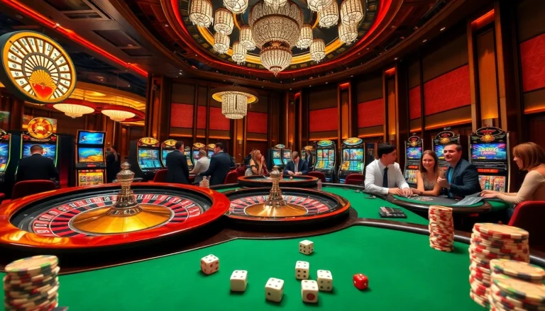 Experience the thrill of gambling at PS99 COM with luxurious casino elements like roulette, poker tables, and vibrant slot machines.