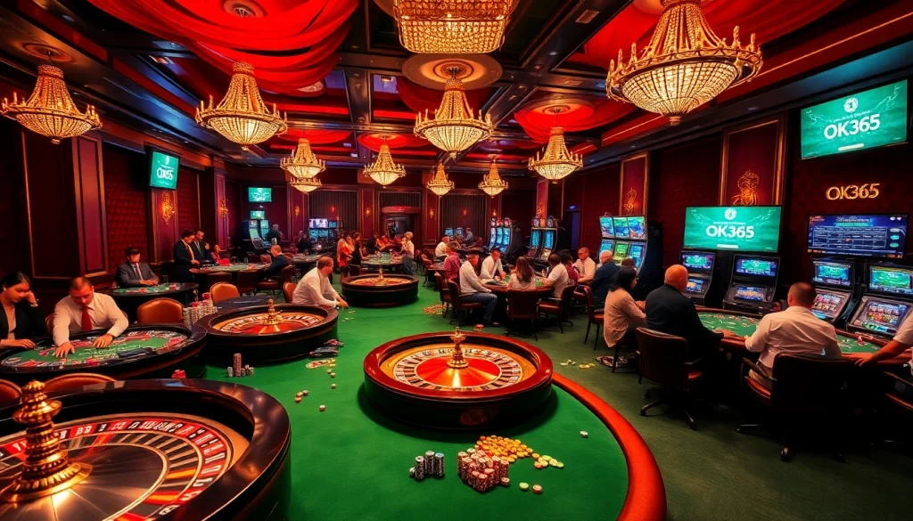Engaged gamblers enjoying various games at OK365's luxurious casino environment with vibrant tables.