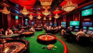 Engaged gamblers enjoying various games at OK365's luxurious casino environment with vibrant tables.