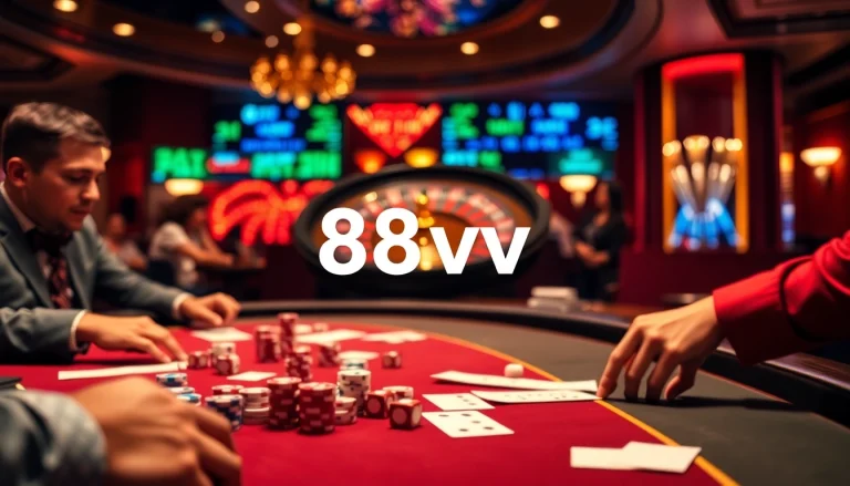 Experience thrilling gameplay at 88vv with poker chips and cards set in a luxurious casino scene.