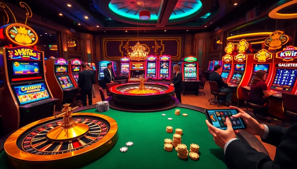 Exciting gaming experience at Kwin, featuring elegant casino tables and vibrant slot machines.
