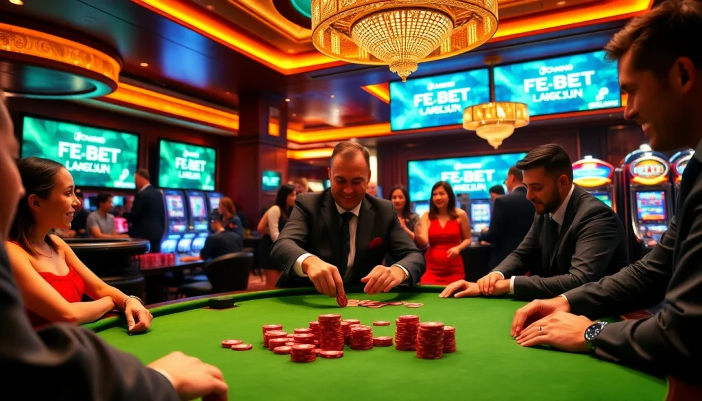 Experience the thrill of FE BET poker as players strategize in a vibrant casino setting.