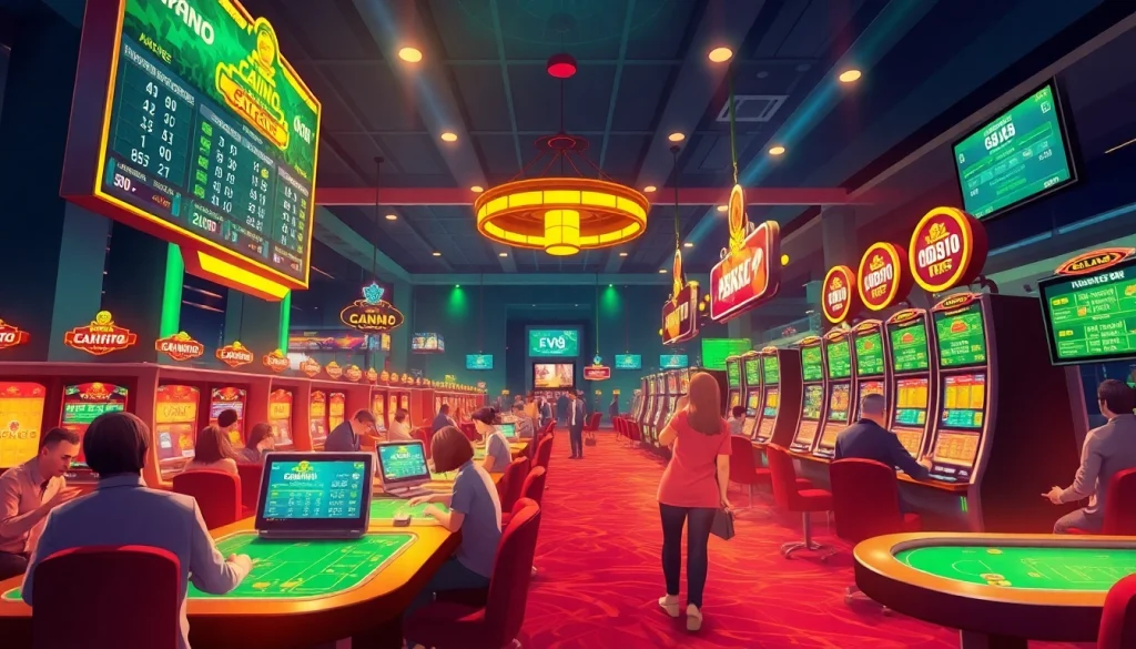 Experience the excitement of online gambling at ev88win.live with a vibrant casino scene, featuring players and digital betting.