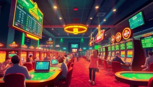 Experience the excitement of online gambling at ev88win.live with a vibrant casino scene, featuring players and digital betting.