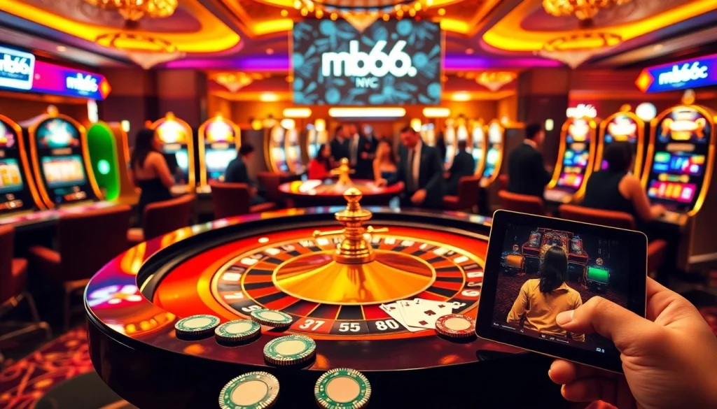 Experience thrilling gameplay at mb66.nyc with a vibrant casino atmosphere showcasing roulette and slot machines.