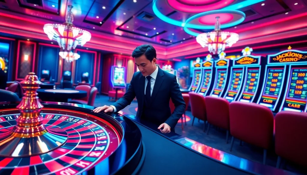 Experience the excitement of Luck8 with a vibrant casino scene featuring roulette and poker.