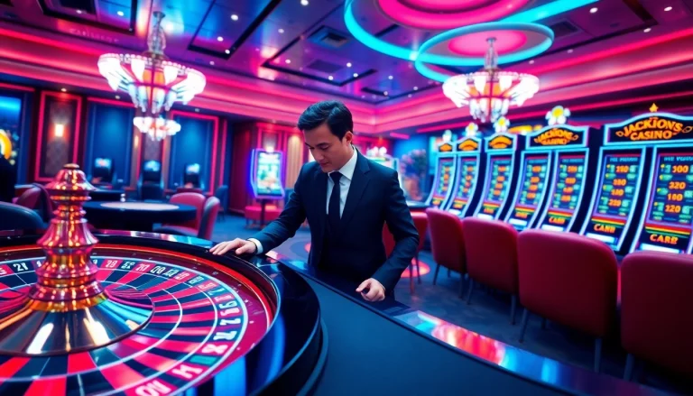 Experience the excitement of Luck8 with a vibrant casino scene featuring roulette and poker.