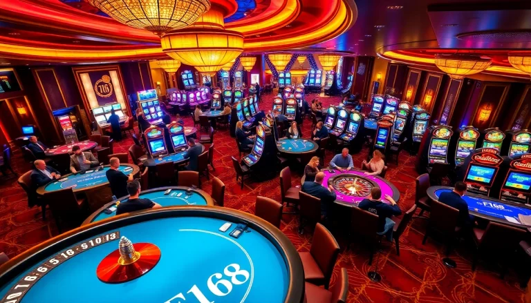 Experience thrilling gameplay at F168's luxurious casino with vibrant gaming tables and slot machines.