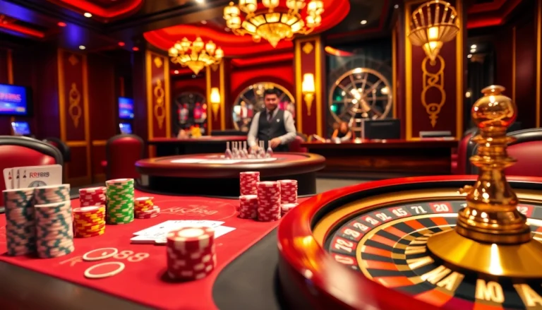 Experience the thrill of RR88 at an elegant poker table with vibrant chips and cards.