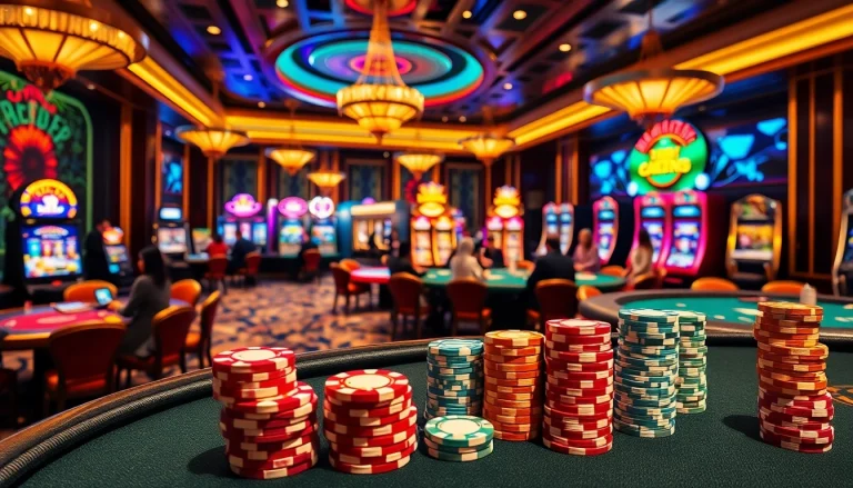 Engaging casino atmosphere featuring go88-themed poker tables and vibrant slot machines.
