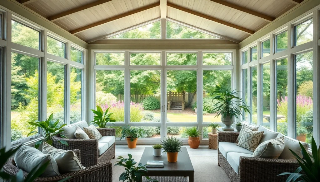 Relaxing enclosed sunroom with natural light and a serene backyard view, enhancing outdoor living.