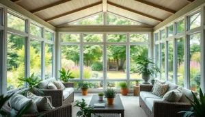 Relaxing enclosed sunroom with natural light and a serene backyard view, enhancing outdoor living.