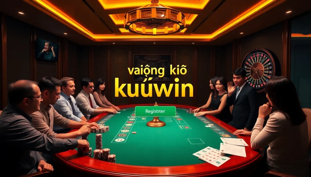 Experience the thrill of đăng ký kuwin for online gambling with poker chips and a glamorous casino table.