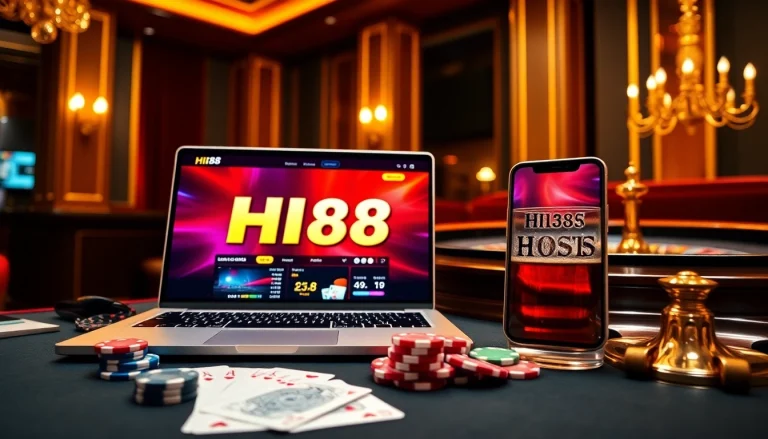 Engaging Hi88 online gambling scene with poker chips and a roulette wheel.