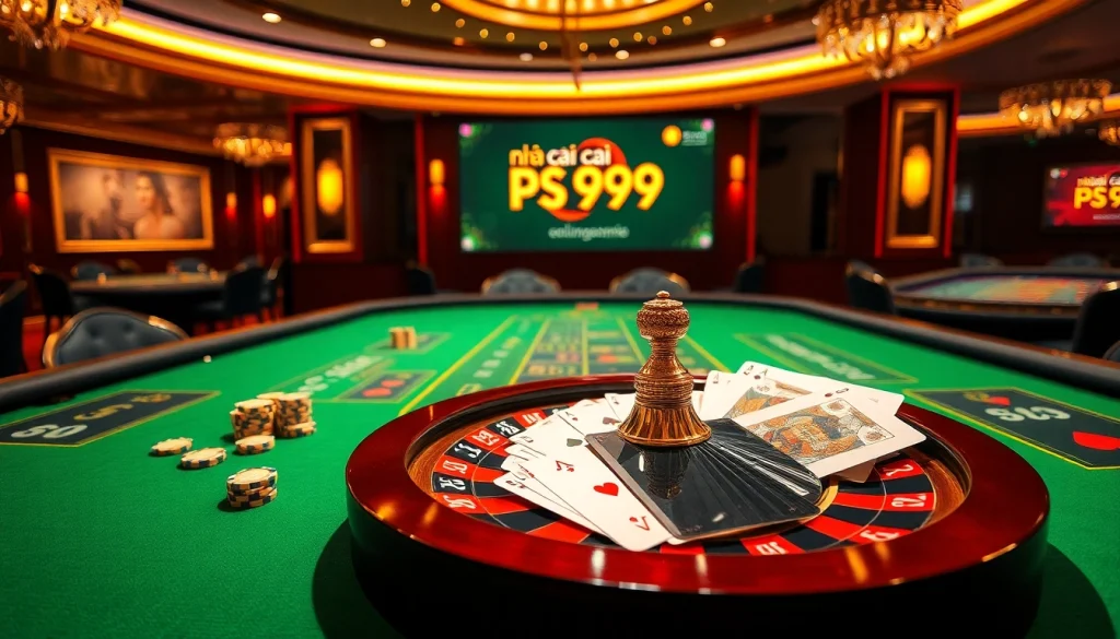 Exciting table games at nhà cái PS99 with vibrant poker chips and roulette wheel.