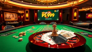 Exciting table games at nhà cái PS99 with vibrant poker chips and roulette wheel.