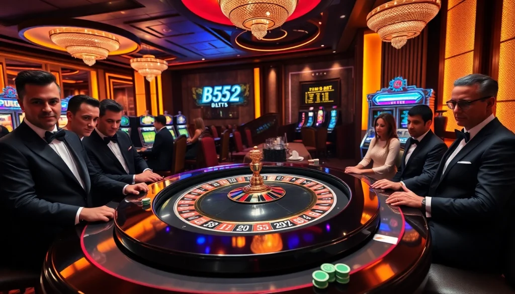 Players enjoying a B52-themed roulette game in a luxurious casino atmosphere.