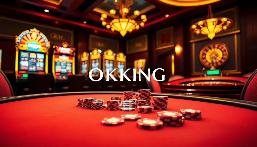 Players enjoying high-stakes poker at an upscale OKKING casino table.