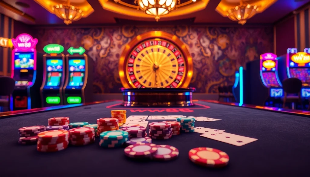 Experience the excitement of a casino scene featuring ww88 with poker chips and roulette.
