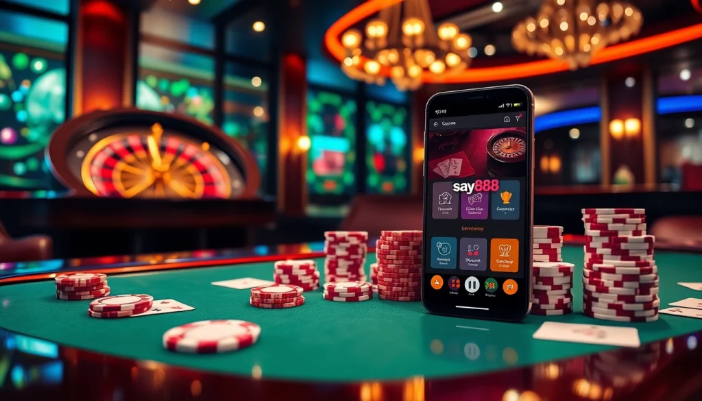 Engage in thrilling gameplay at say88 com, featuring a vibrant roulette wheel and stacked poker chips.