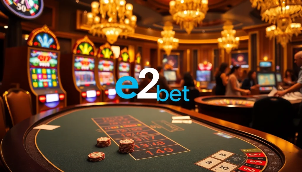 Experience the thrill of e2 bet at a luxurious casino with vibrant gaming elements and a stunning atmosphere.