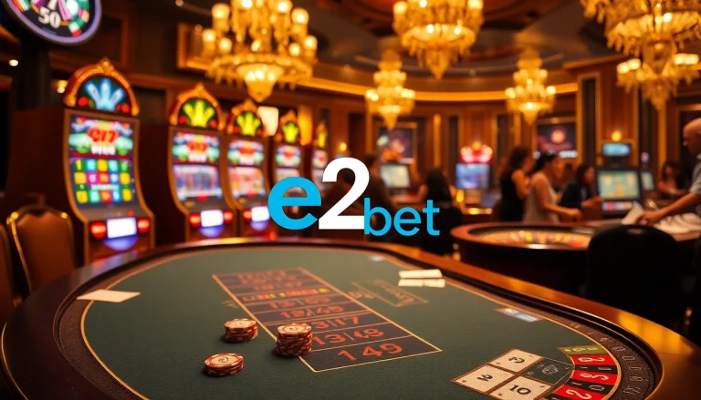 Experience the thrill of e2 bet at a luxurious casino with vibrant gaming elements and a stunning atmosphere.