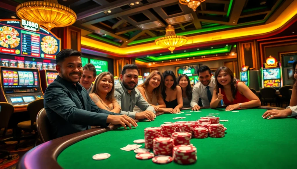 Experience the excitement at BJ88 with a vibrant poker table and dynamic casino atmosphere.
