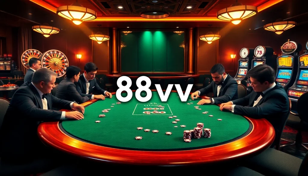 Engaging poker table scene with 88vv branding, showcasing intense gambling action and luxury.