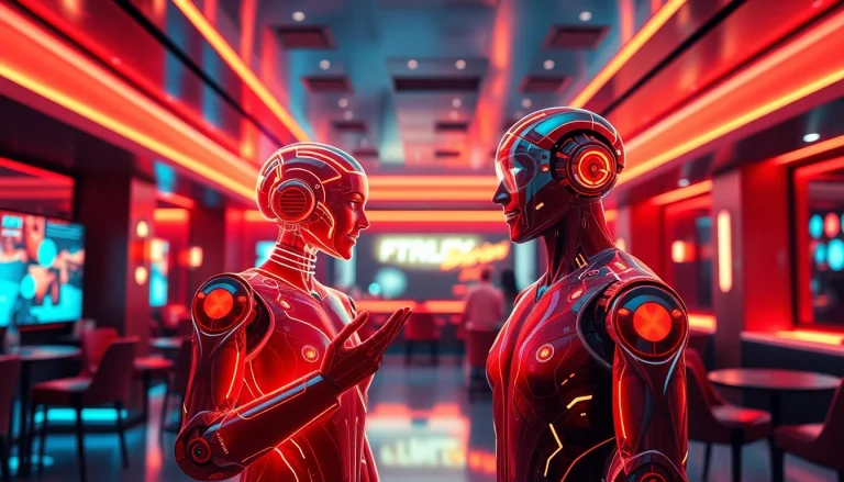 Engaging scene of spicy ai chatbot interaction in a modern lounge with holographic character.