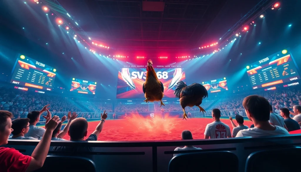 Live cockfighting event interface on sv368win.live showcasing vibrant graphics and betting options.