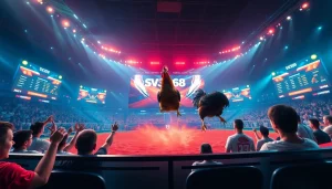 Live cockfighting event interface on sv368win.live showcasing vibrant graphics and betting options.