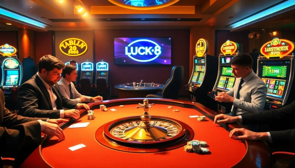 Exciting LUCK8 casino scene with players at a high-stakes gambling table.