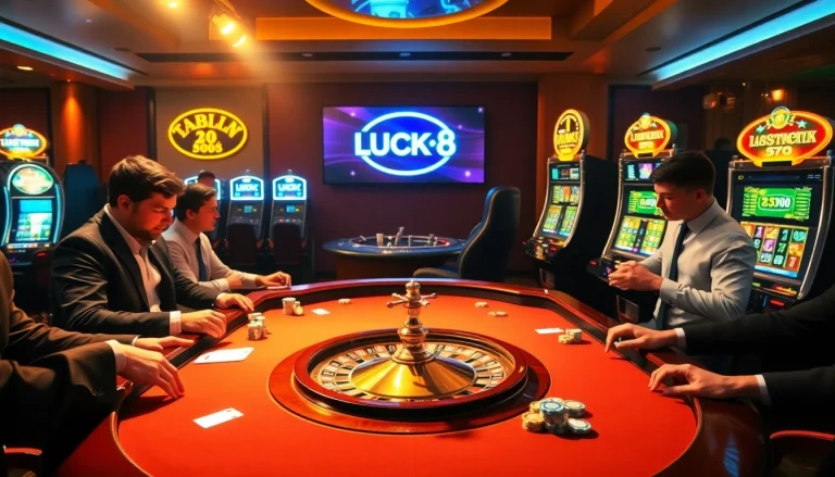 Exciting LUCK8 casino scene with players at a high-stakes gambling table.