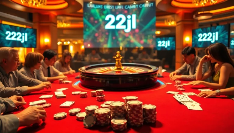Gamblers enjoying a thrilling game at a luxury casino featuring 22jl branding.