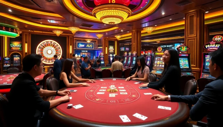 Experience the excitement of Liên Minh KJC in a luxurious casino setting filled with poker games and roulette.