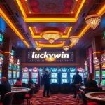 Luckywin themed slot machines and casino tables filled with excited gamblers in a luxurious setting.