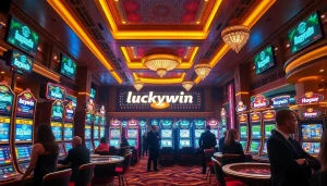 Luckywin themed slot machines and casino tables filled with excited gamblers in a luxurious setting.