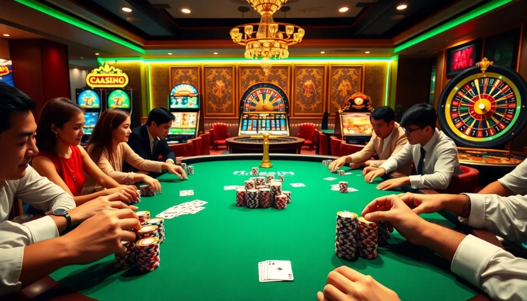 Poker players enjoy a thrilling game at hay.win's luxurious casino table, surrounded by vibrant slot machines.