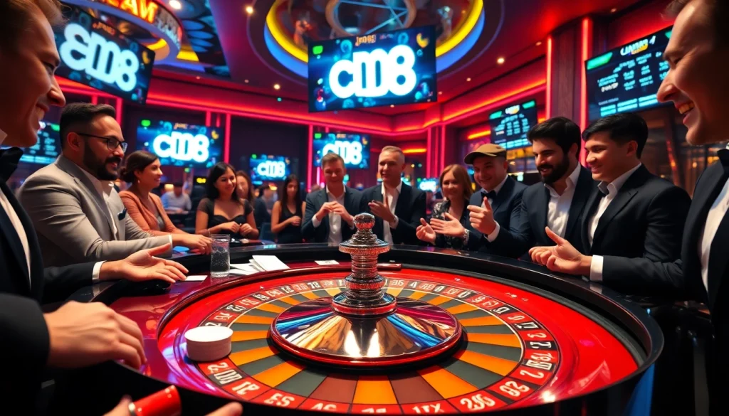 Players engaging in a thrilling roulette game with cm 88 branding in a luxurious casino setting.