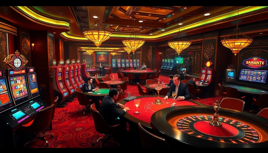 Experience the thrill of Nhà cái LC88 with engaging casino tables and vibrant gaming elements.