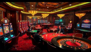 Experience the thrill of Nhà cái LC88 with engaging casino tables and vibrant gaming elements.